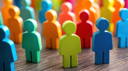 A group of colorful wooden figures standing on a wooden surface with a blurred background.
