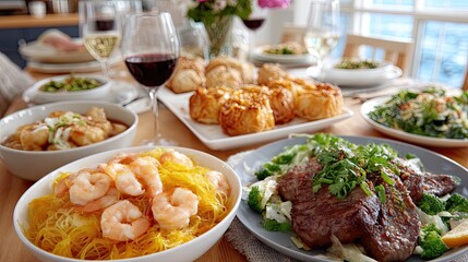 Family Dinner Gathering Around a Wooden Table with Abundant Food