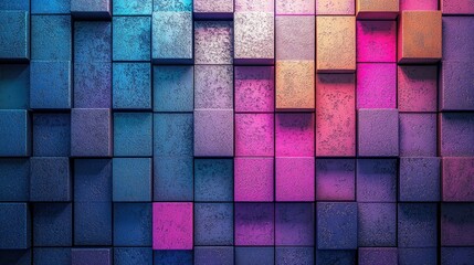 A colorful, abstract geometric pattern with a mix of blue, purple, and pink cubes in a grid formation.