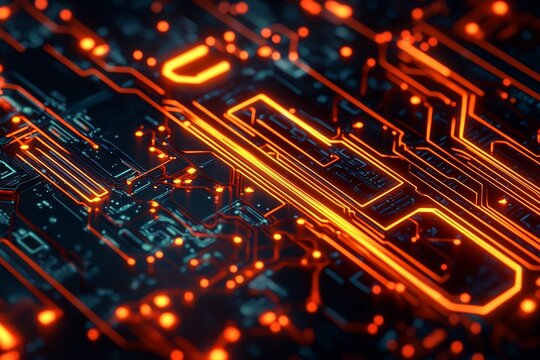 Glowing orange circuit board technology innovation design futuristic cyber network connection processing power computing