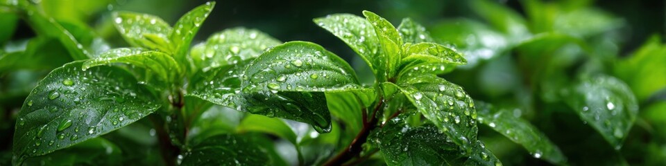 Close-up showcases the vibrant green hues and delicate water droplets on fresh Thai holy basil leaves, captured with a wa 4-giga-standard v2-4x lens detail.