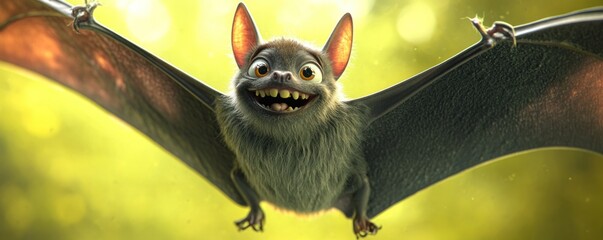Whimsical cartoon bat with a toothy grin soars through a vibrant green sky spreading joy and laughter everywhere