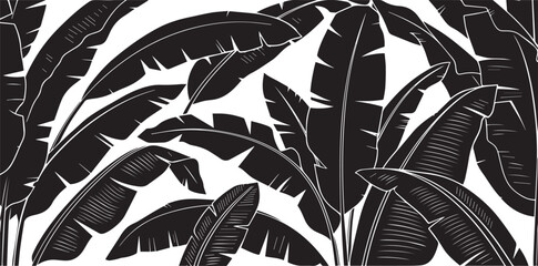 Intricate black and white illustration of lush banana leaves creating a dense tropical jungle pattern isolated on transparent background © SaHeD