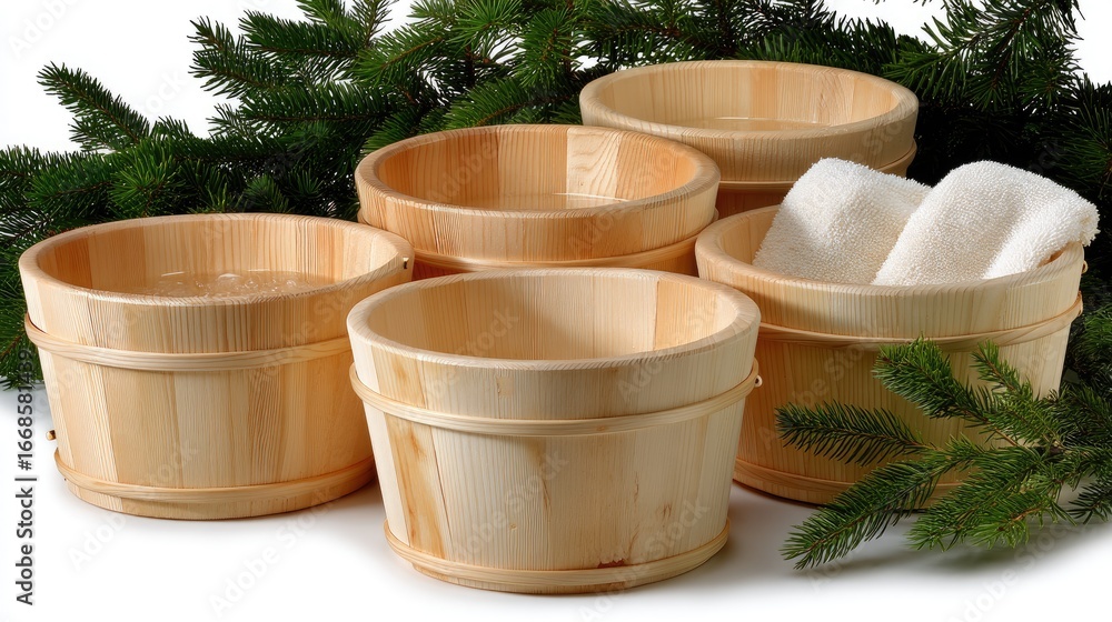 Aufkleber rustic wooden buckets arranged with soft towels and evergreen branches for a spa setting during a wi