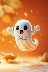 Adorable ghost saying boo for halloween with cute eyes and rosy cheeks on an orange background for spooky season