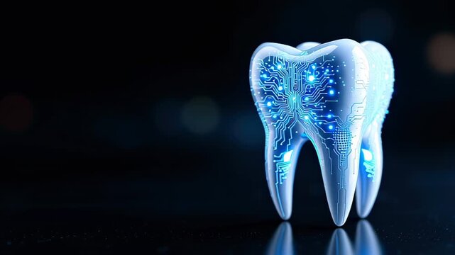 Tooth with digital circuit pattern represents dentist innovation and advanced technology in dental care on dark background
