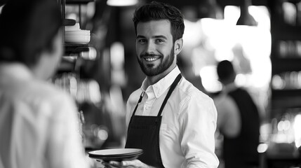 A smiling barista in a white shirt and apron, holding a plate of food in a busy coffee shop.