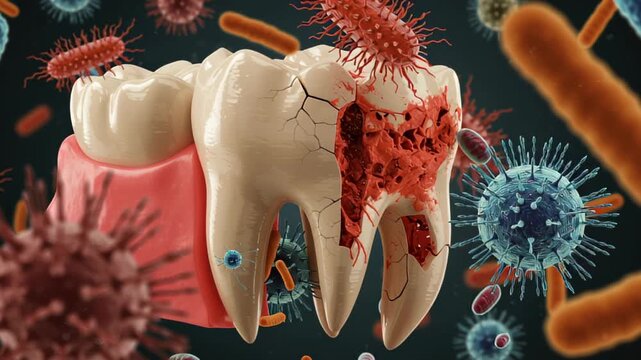 Broken tooth dental model surrounded bacteria high fidelity decay infection oral health pain disease Broken tooth dental model surrounded by
