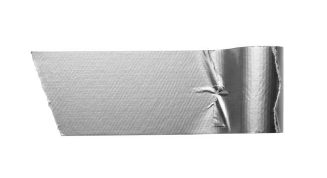A close-up view of a silver duct tape roll and a torn piece.