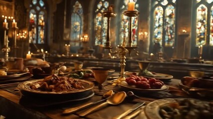 A grand medieval banquet scene featuring an elaborate table filled with various dishes, surrounded by candlelit ambiance and stained glass windows in a historic hall - Powered by Adobe