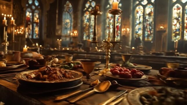 A grand medieval banquet scene featuring an elaborate table filled with various dishes, surrounded by candlelit ambiance and stained glass windows in a historic hall