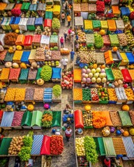 Photo of aerial view of a bustling outdoor market filled with stalls overflowing with a diverse array of fresh fruits, vegetables, and spices, showcasing a vibrant local culture and commerce