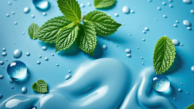 Fresh mint leaf water droplet toothpaste swirl blue background high fidelity clean refreshing close up natural
