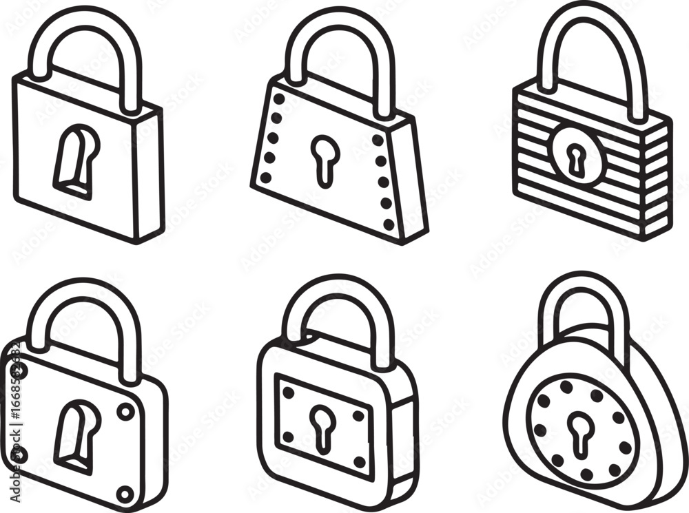 Poster 3d security protected locks flat black vector line art icons set