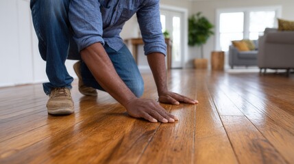A man kneels on a polished hardwood floor, inspecting the surface in a bright and airy living room setting. The mood is focused and attentive.