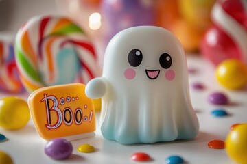 Adorable halloween ghost figurine surrounded by colorful candies and a boo sign creating a festive scene
