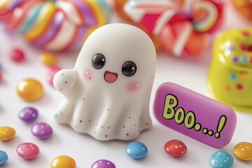 Adorable ghost figurine surrounded by colorful candies creating a playful halloween scene for kids and families