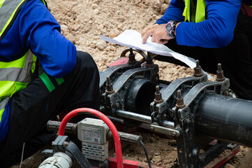 Engineers are looking at blueprints and using tools to connect pipes.