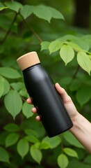 A hand holding a black water bottle with a wooden top against a green leafy background outdoors
