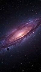 Obraz premium A spiral galaxy, bathed in vibrant hues of pink and purple, dominates the image, showcasing a breathtaking display of celestial bodies in space.