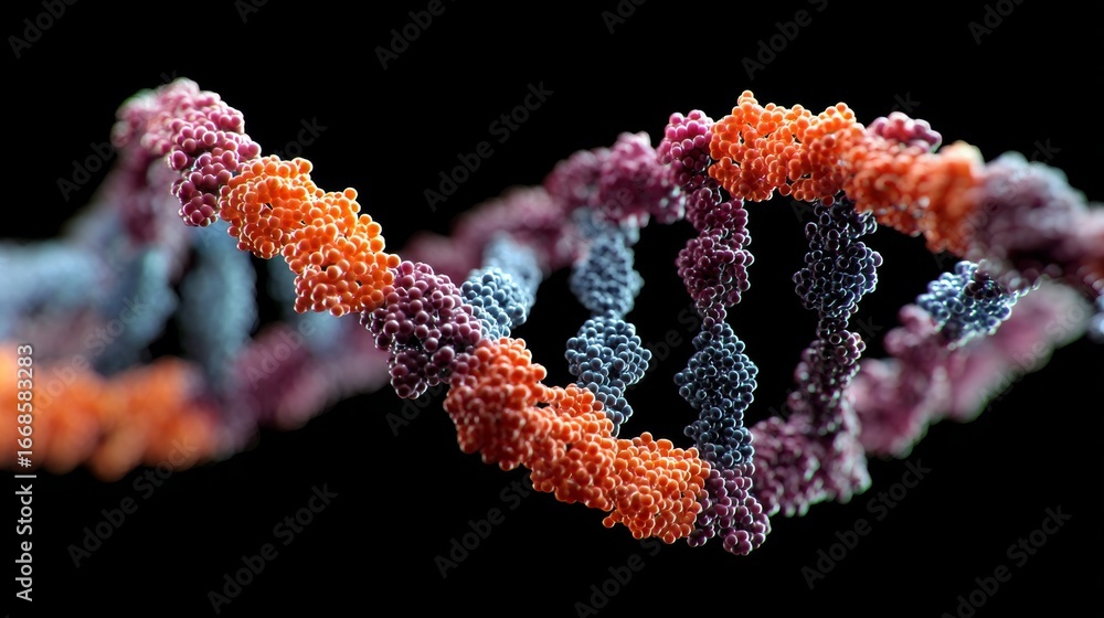Poster 3d visualization of dna double helix structure with molecular connections and genetic data on futuri