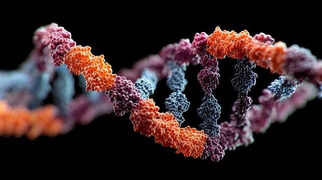 3d visualization of dna double helix structure with molecular connections and genetic data on futuristic blue background for biotechnology and scientific research concepts - Powered by Adobe