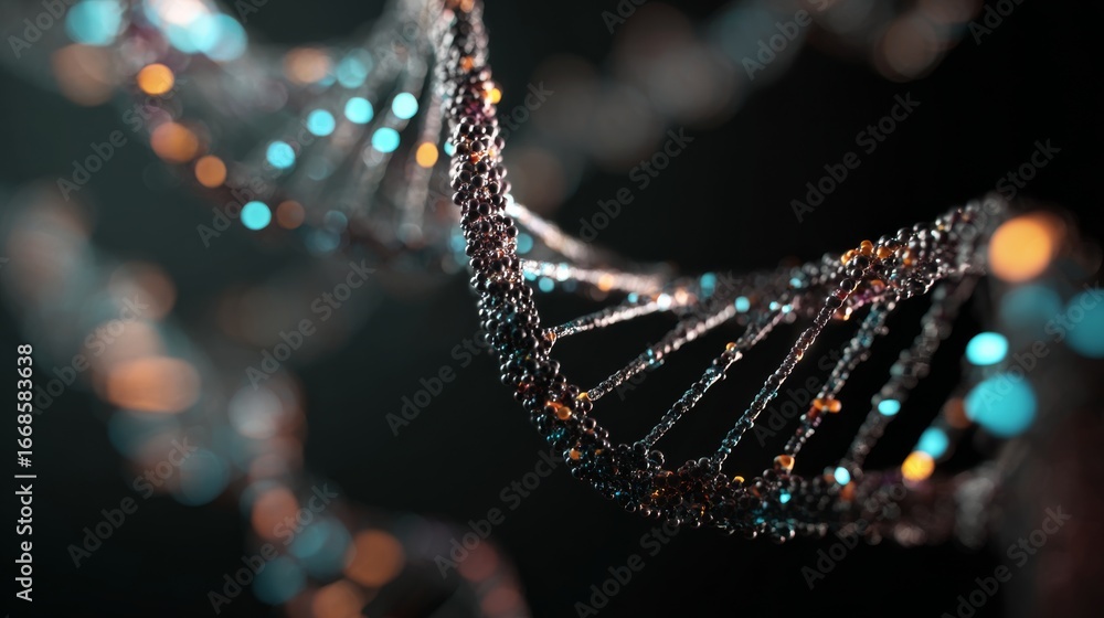 Poster futuristic glowing dna double helix structure with molecular patterns over high-tech laboratory back