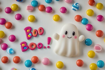Cute halloween ghost with colorful candy and boo text on a white background creating a festive and playful scene