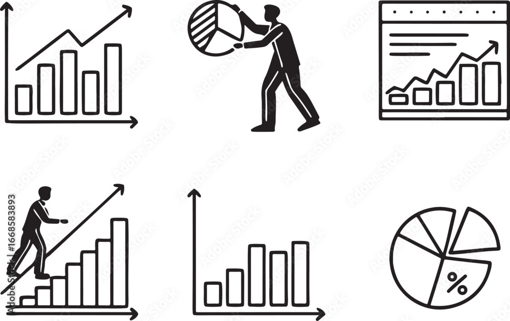 Poster analytics chart line art vector icon set. business and finance flat black outline icons for web and 