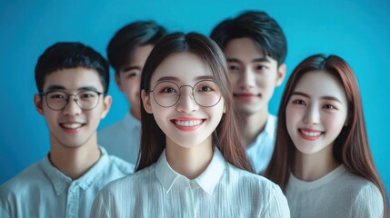 Fototapeta premium A group of five young people standing in front of a blue background, all wearing glasses and smiling.