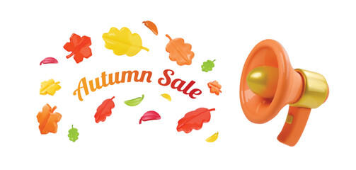 Autumn sale web banner. Colorful poster with autumnal leaves and orange megaphone, Cute 3d plastic fallen leaves and Loudspeaker. Promotion flyer, 3d vector
