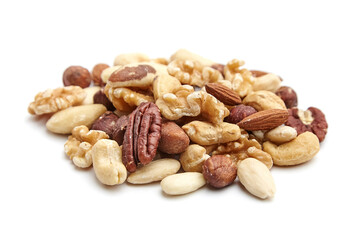 A pile of assorted nuts, featuring pecans, walnuts, cashews, hazelnuts, almonds, and Brazil nuts, arranged on a white background to showcase variety and texture