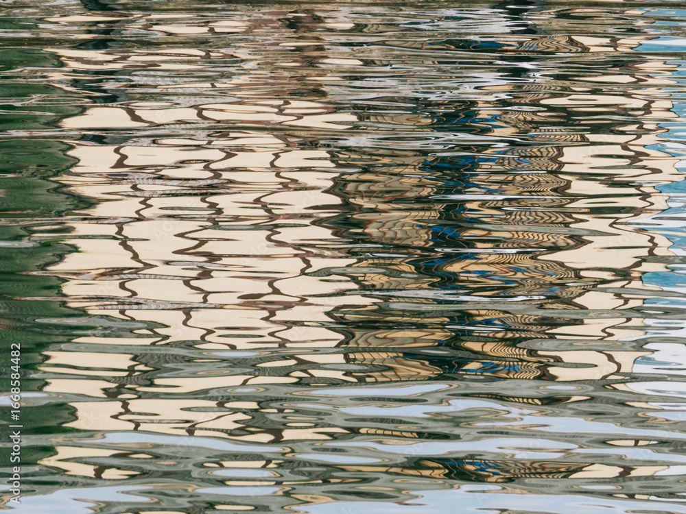 Poster reflections of buildings on water creating abstract patterns during a sunny day