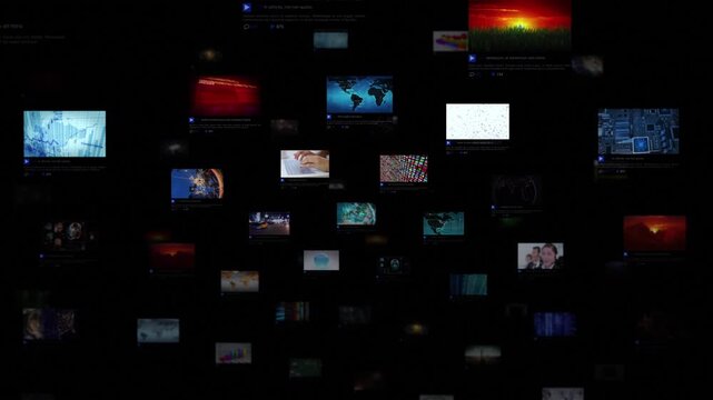 Collage Of Digital Screens And Online Media Thumbnails On Black Background, Representing Internet Streaming, Multimedia Content, Social Media Platforms And Global Digital Communication.