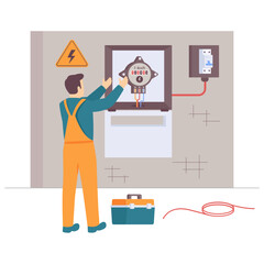 Technician Inspecting Electrical Meter concept, engineer install current measuring device vector design, Electrician Profession banner,High Voltage Power Supply scene, Handyman repairman illustration