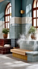 Modern wellness retreat features steam and tiled relaxation areas with greenery in a tranquil, spacious setting