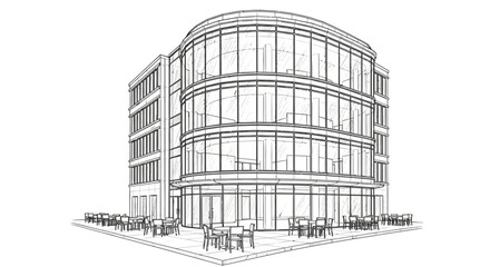 Fototapeta premium Architectural sketch of a modern office building with outdoor seating area