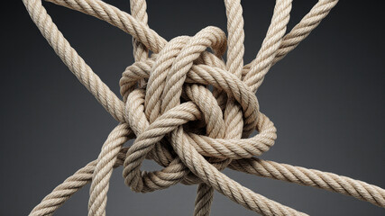 Closeup of thick rope tied into knot on neutral gray background