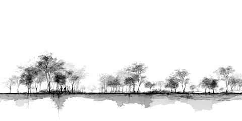 Architectural Drawings, Minimal style cad tree with roots line drawing and Tree Grunge vector, view, set of section wetland forest outline for landscape design drawing. 
