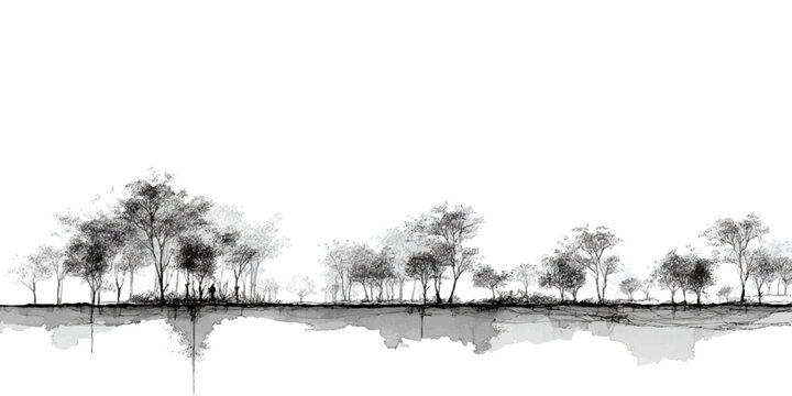 Architectural Drawings, Minimal style cad tree with roots line drawing and Tree Grunge vector, view, set of section wetland forest outline for landscape design drawing. 