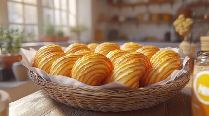 Basket of golden, textured pastries in a sunny kitchen
