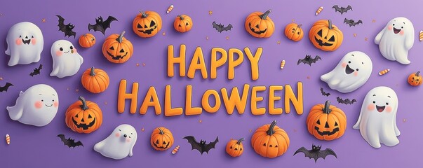 Celebrate happy halloween with cute ghosts pumpkins and bats on a purple background for festive fun