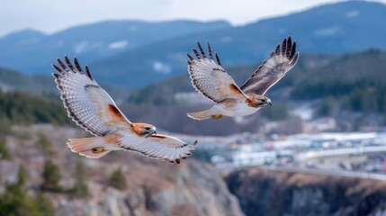 Two Red-tailed Hawks Soaring Over Snowy Mountains
