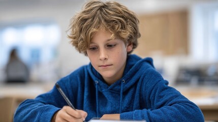 A young boy with curly hair wearing a blue hoodie is writing in a classroom. The setting is bright and educational, conveying concentration and learning.