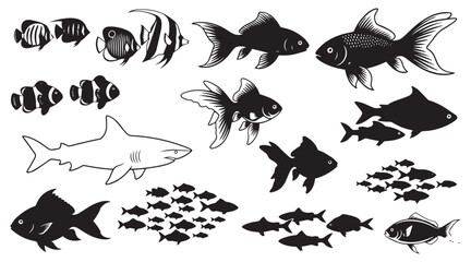 Collection of hand drawn artistic black and white fish silhouettes and illustrations isolated on transparent background