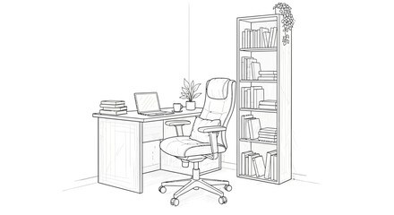 Monochromatic Office Workspace Depicting a Desk, Chair and Bookshelf Illustration