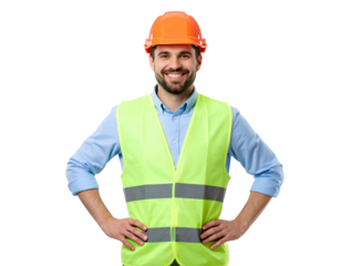 Confident and smiling builder in his orange uniform isolated on a transparent background.