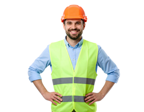 Confident and smiling builder in his orange uniform isolated on a transparent background.
