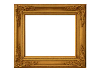 Antique carved gilded frame isolated on white background. Vintage golden rectangle frame for photo.