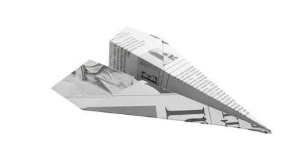 A folded paper airplane crafted from newspaper pages, poised for flight against a stark white background, symbolizing creativity and imagination.